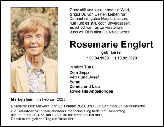 Traueranzeige von Rosemarie Englert von Fränkische Nachrichten