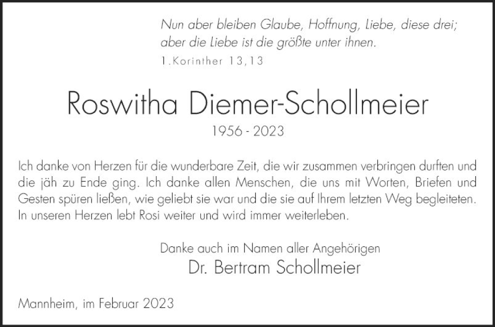  Traueranzeige für Roswitha Diemer-Schollmeier vom 25.02.2023 aus Mannheimer Morgen
