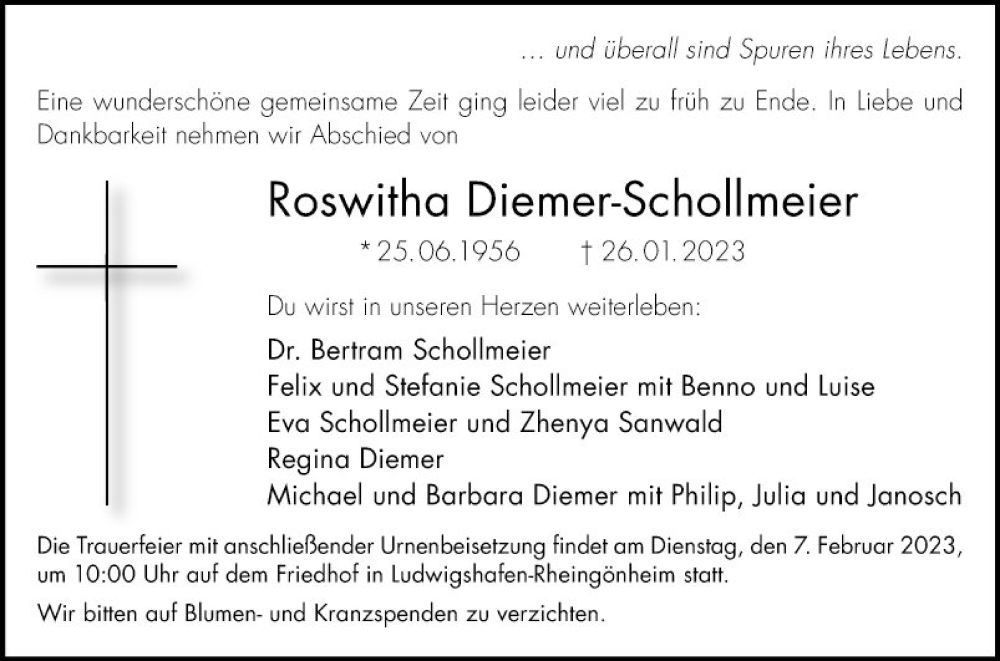  Traueranzeige für Roswitha Diemer-Schollmeier vom 02.02.2023 aus Mannheimer Morgen