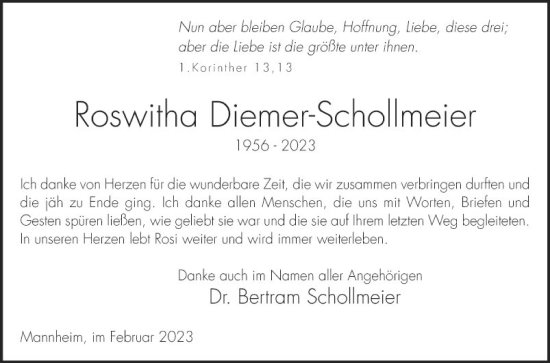 Traueranzeige von Roswitha Diemer-Schollmeier von Mannheimer Morgen