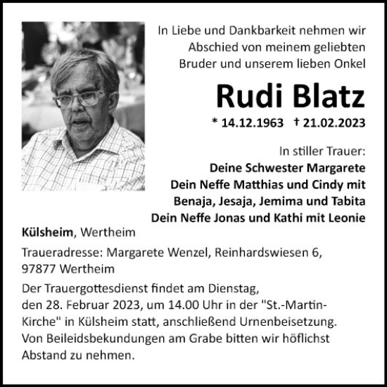 Traueranzeige von Rudi Blatz von Fränkische Nachrichten