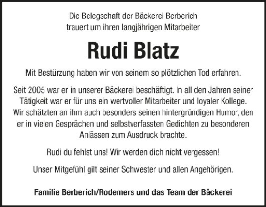 Traueranzeige von Rudi Blatz von Fränkische Nachrichten