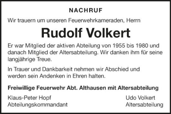 Traueranzeige von Rudolf Volkert von Fränkische Nachrichten