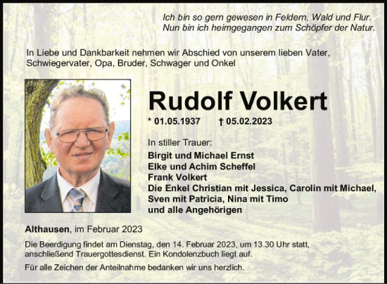 Traueranzeige von Rudolf Volkert von Fränkische Nachrichten