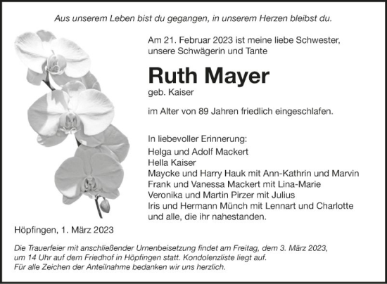 Traueranzeige von Ruth Mayer von Fränkische Nachrichten