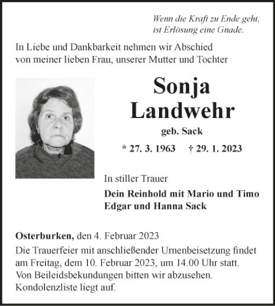 Traueranzeige von Sonja Landwehr von Fränkische Nachrichten