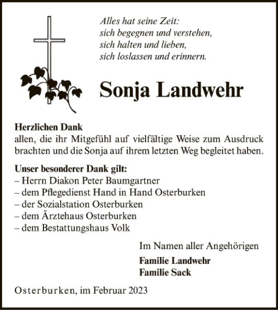 Traueranzeige von Sonja Landwehr von Fränkische Nachrichten