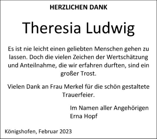 Traueranzeige von Theresia Ludwig von Fränkische Nachrichten