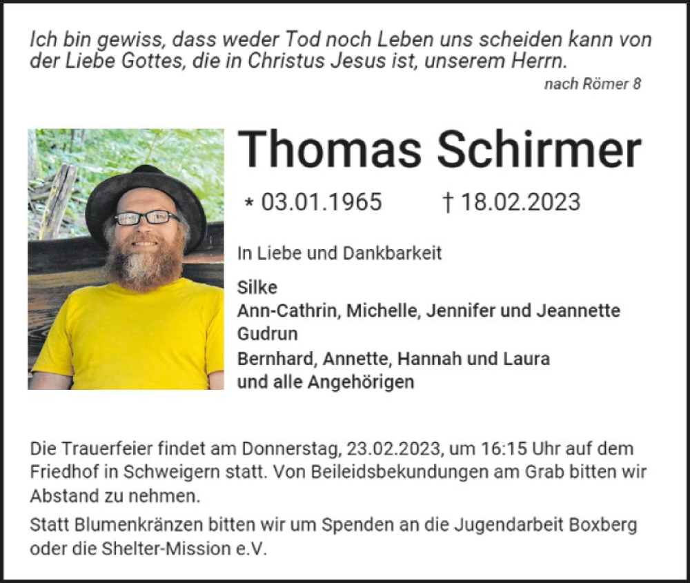  Traueranzeige für Thomas Schirmer vom 22.02.2023 aus Fränkische Nachrichten