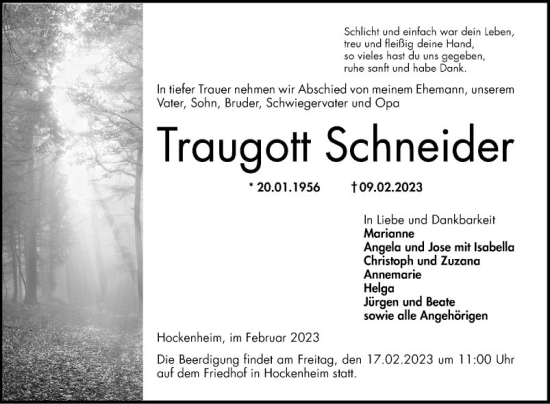 Traueranzeige von Traugott Schneider von Schwetzinger Zeitung