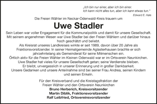 Traueranzeige von Uwe Stadler von Fränkische Nachrichten