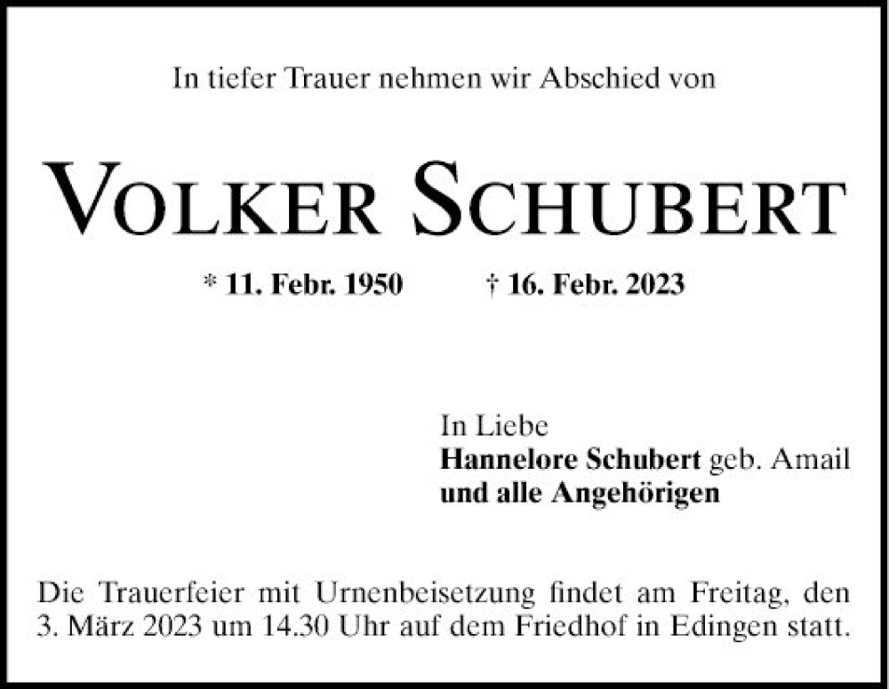 Traueranzeige für Volker Schubert vom 25.02.2023 aus Mannheimer Morgen