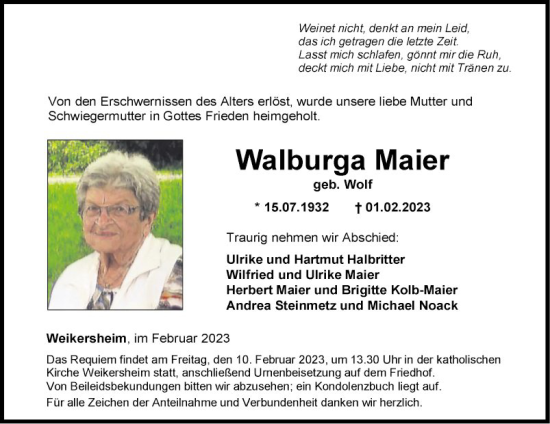 Traueranzeige von Walburga Maier von Fränkische Nachrichten