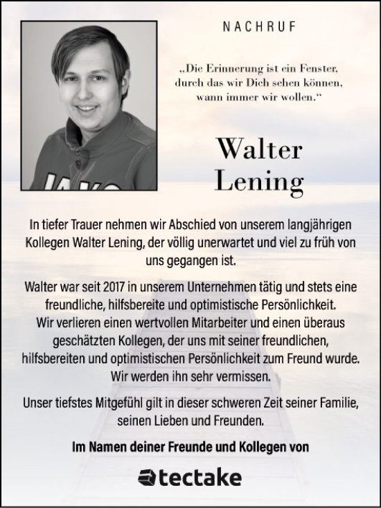 Traueranzeige von Walter Lening von Fränkische Nachrichten