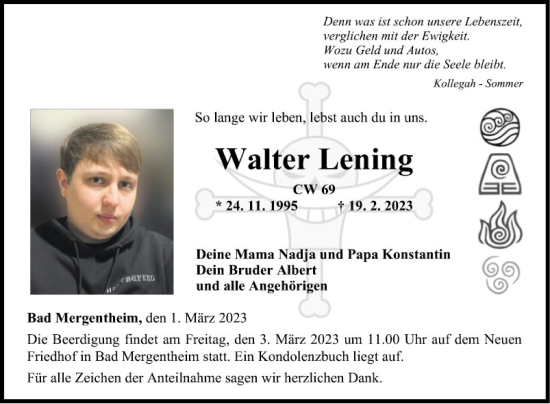 Traueranzeige von Walter Lening von Fränkische Nachrichten