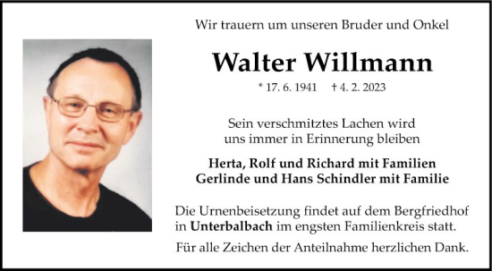 Traueranzeige von Walter Willmann von Fränkische Nachrichten