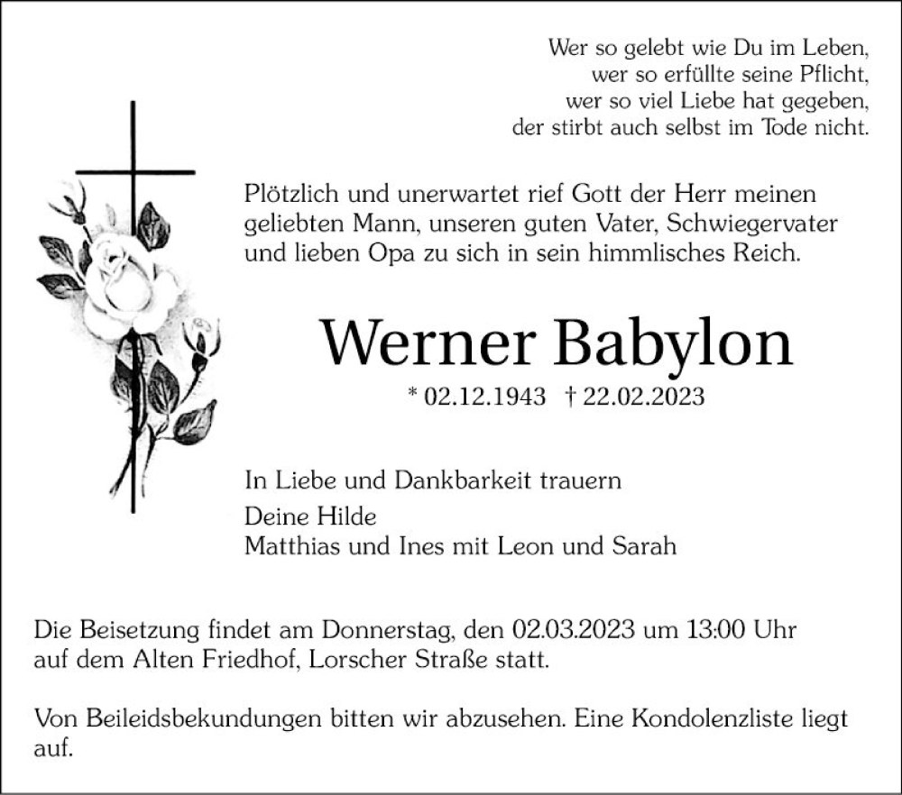  Traueranzeige für Werner Babylon vom 25.02.2023 aus Mannheimer Morgen