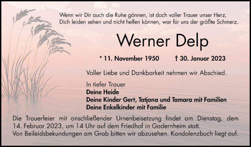  Traueranzeige für Werner Delp vom 09.02.2023 aus Bergsträßer Anzeiger