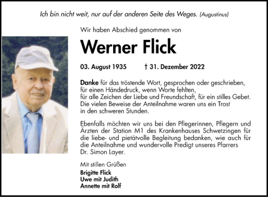 Traueranzeige von Werner Flick von Schwetzinger Zeitung