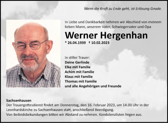 Traueranzeige von Werner Hergenhan von Fränkische Nachrichten