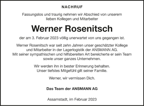 Traueranzeige von Werner Rosenitsch von Fränkische Nachrichten