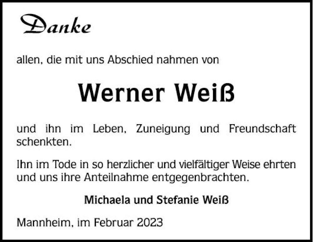  Traueranzeige für Werner Weiß vom 25.02.2023 aus Mannheimer Morgen