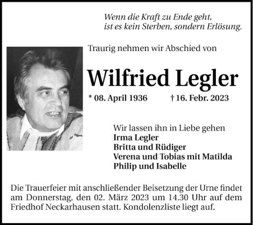  Traueranzeige für Wilfried Legler vom 25.02.2023 aus Mannheimer Morgen