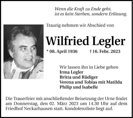 Traueranzeige von Wilfried Legler von Mannheimer Morgen