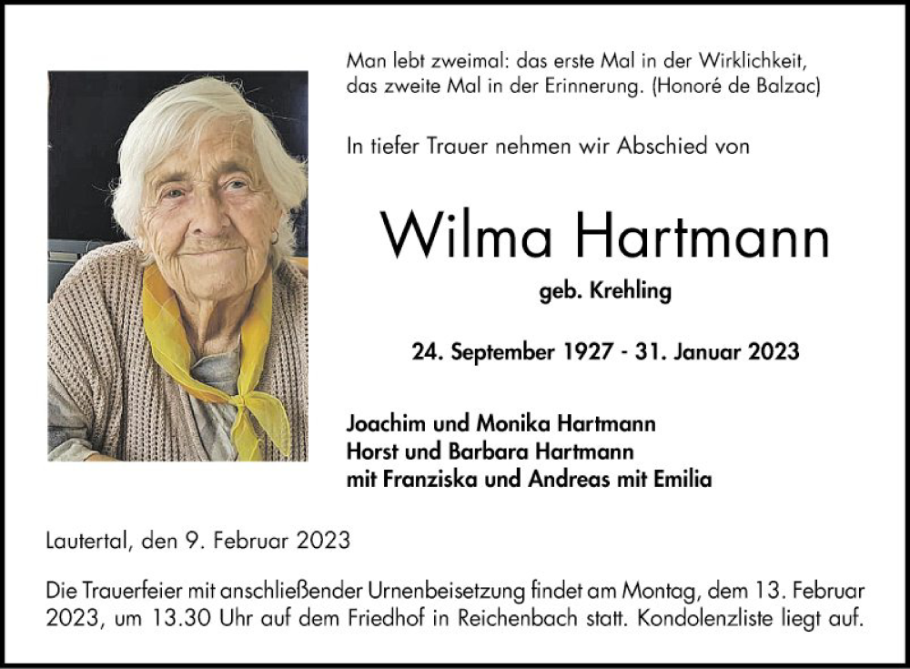  Traueranzeige für Wilma Hartmann vom 09.02.2023 aus Bergsträßer Anzeiger