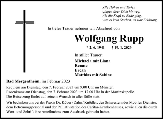 Traueranzeige von Wolfgang Rupp von Fränkische Nachrichten