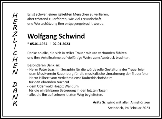 Traueranzeige von Wolfgang Schwind von Fränkische Nachrichten