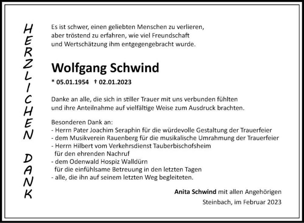  Traueranzeige für Wolfgang Schwind vom 04.02.2023 aus Fränkische Nachrichten