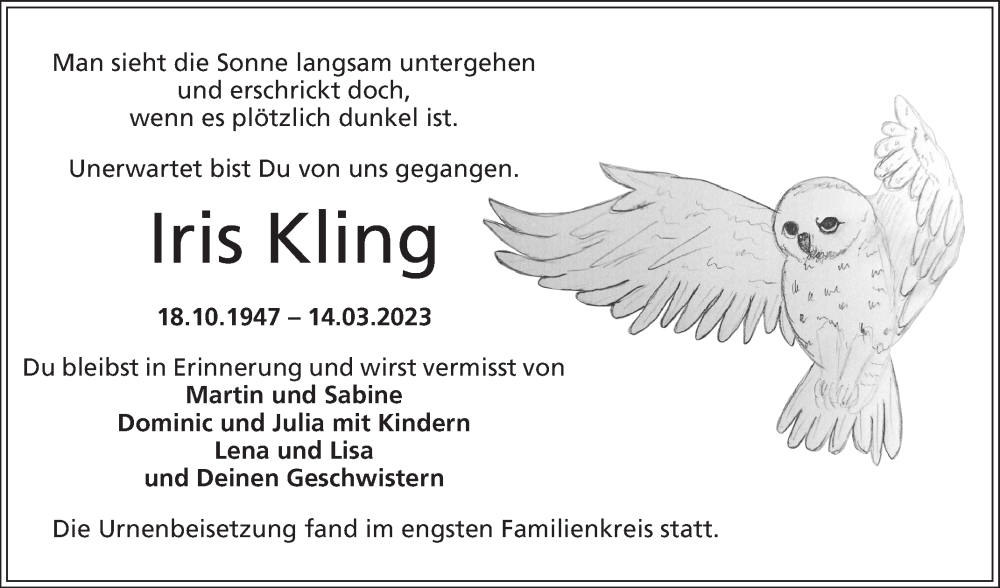  Traueranzeige für Iris Kling vom 28.03.2023 aus Schwetzinger Zeitung