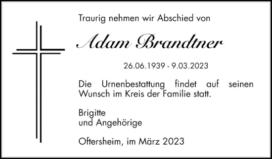 Traueranzeige von Adam Brandtner von Schwetzinger Zeitung