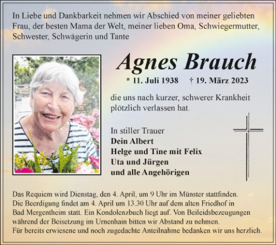 Traueranzeige von Agnes Brauch von Fränkische Nachrichten