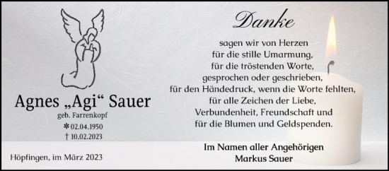 Traueranzeige von Agnes Sauer von Fränkische Nachrichten