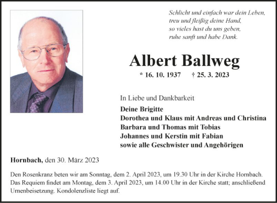 Traueranzeige von Albert Baliweg von Fränkische Nachrichten