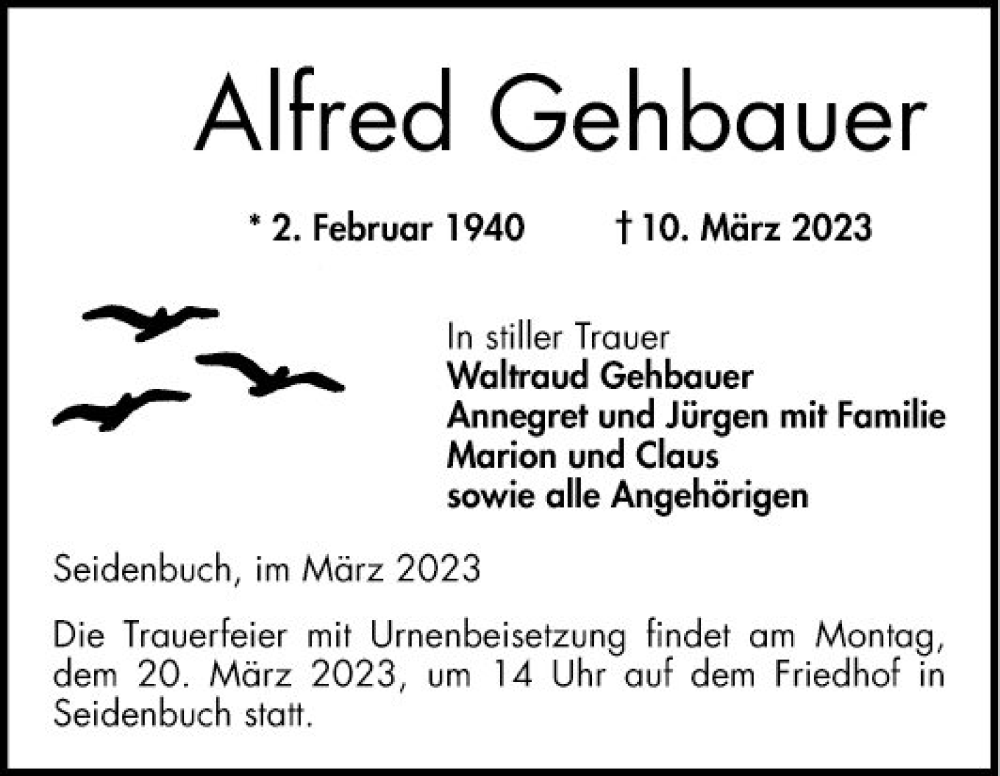  Traueranzeige für Alfred Gehbauer vom 16.03.2023 aus Bergsträßer Anzeiger