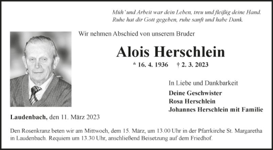 Traueranzeige von Alois Herschlein von Fränkische Nachrichten