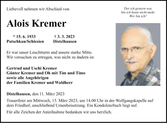 Traueranzeige von Alois Kremer von Fränkische Nachrichten