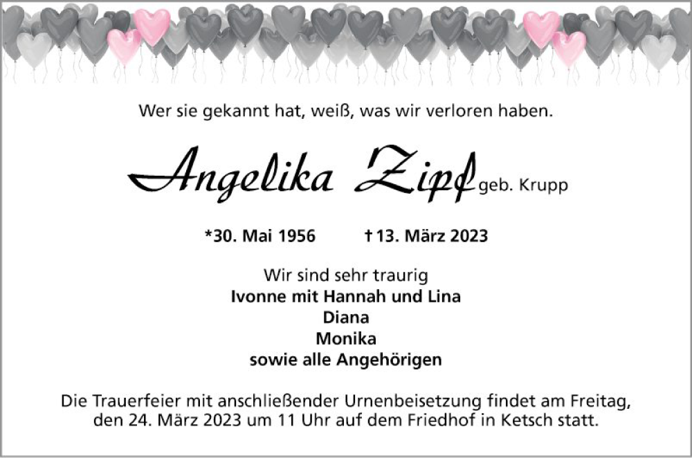  Traueranzeige für Angelika Zipf vom 18.03.2023 aus Schwetzinger Zeitung