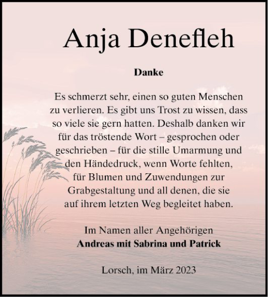 Traueranzeige von Anja Denefleh von Bergsträßer Anzeiger