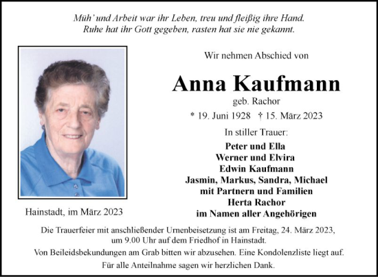 Traueranzeige von Anna Kaufmann von Fränkische Nachrichten