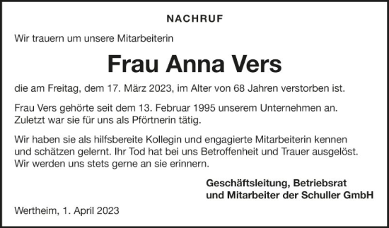 Traueranzeige von Anna Vers von Fränkische Nachrichten