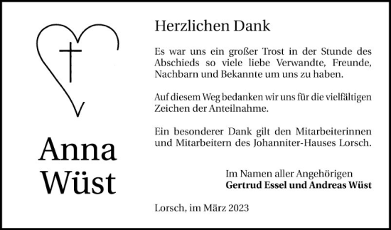 Traueranzeige von Anna Wüst von Bergsträßer Anzeiger