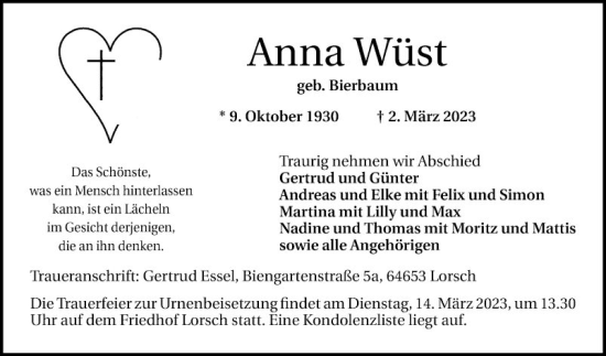 Traueranzeige von Anna Wüst von Bergsträßer Anzeiger