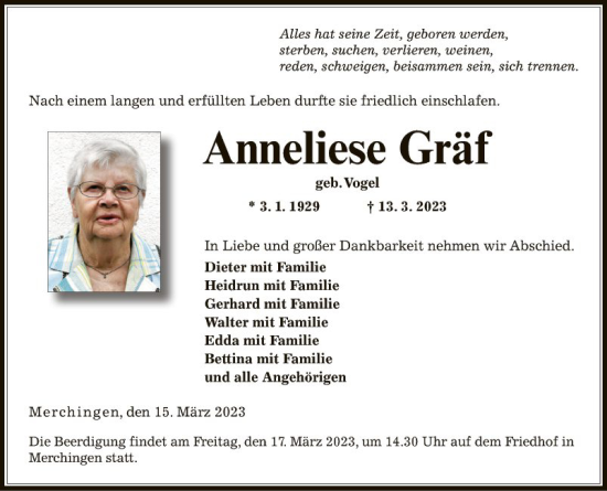 Traueranzeige von Anneliese Gräf von Fränkische Nachrichten