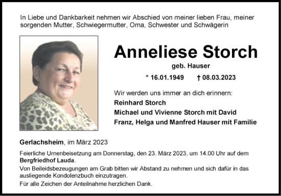 Traueranzeige von Anneliese Storch von Fränkische Nachrichten