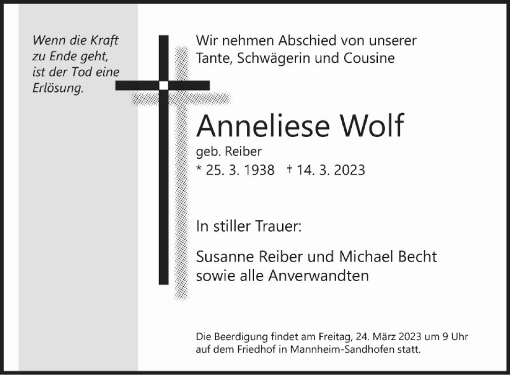  Traueranzeige für Anneliese Wolf vom 18.03.2023 aus Mannheimer Morgen
