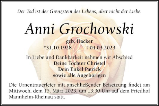 Traueranzeige von Anni Grochowski von Mannheimer Morgen